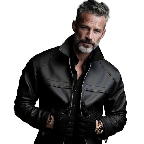 Men's Genuine Leather Jacket Classic Motorcycle Jacket Two Ways to Wear Stand-Up Collar or Folded Down Style