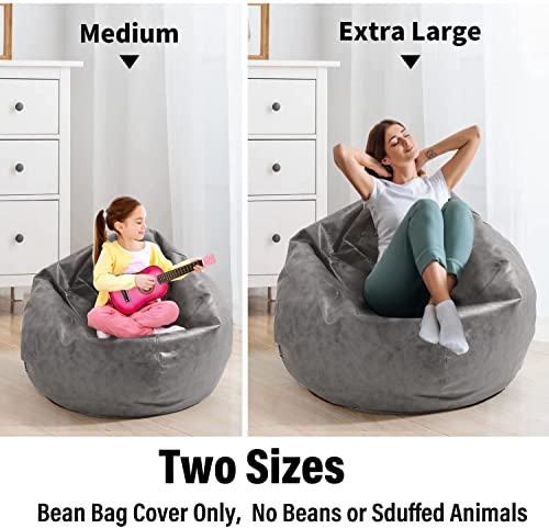 Hummse Bean Bag Chair Cover (No Filler) Plush Toys Storage (D30 X H37) Inches Ultra Soft Leatherette | Washable | Adult Size Zipper Recliner (Grey, Medium) #TOP3
