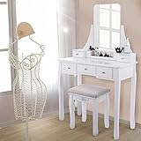 Honganrunli Tocador con espejo grande, mesa cosmética de madera, 137,5 x 80 x 40 cm, lujoso tocador con seguridad antivuelco, 5 cajones, otomano de lujo, ideal para dormitorios juveniles, color blanco