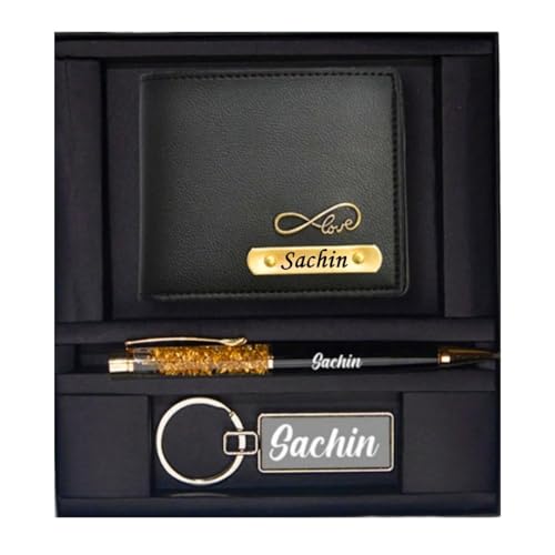 Image of Personalized Wallet for Men with Name & Charm | PU Leather Wallet, Pen & Keychain Combo Gift Set for Men | Birthday Anniversary Corporate Gift for Husband Boyfriend Father (Dark Black)