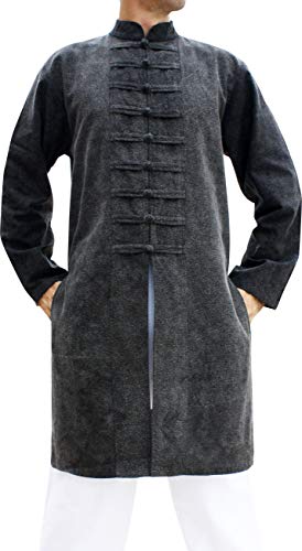 Image of Chinese Collar Mens Long Naval Jacket Many Button Tai Chi Cotton