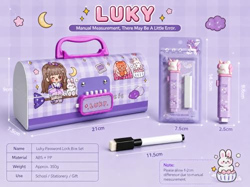 Image of Invite New Cartoon Theme Pencil Box with Push Pull Eraser Set for Kids | Suitcase Style Password Lock Stationery Organizer | School Supplies Gift Combo for Boys & Girls (Lucky Purple + Eraser)