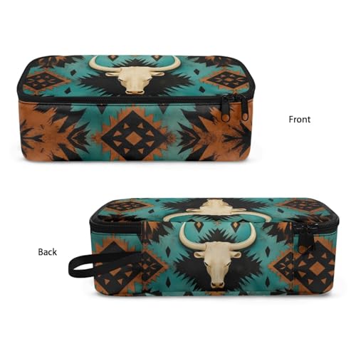 Image of Aztec Western Sheepshead Pencil Case for Kids Large Pencil Pouch for Boys Girls Lightweight Pencil Container for Children 3-18 Pencil Bag for Travelling Camping Hiking Handbag