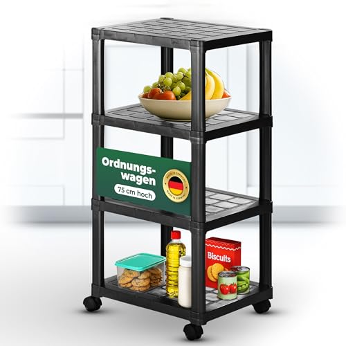 Novaliv Rollwagen mit 4 Etagen Schwarz, Badezimmer-Regal Badregal Bad Küche Ordnungswagen Beistellwagen Allzweckwagen Putzwagen Ordnungswagen Schiebe-Schrank Lager Bastelwagen Aufbewahrung Organizer