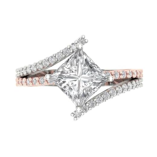 2.39ct Princess Cut Criss Cross Split Shank Solitaire Accent Genuine Moissanite Ideal VVS1 & Diamond Simulant Engagement Promise Statement Anniversary Bridal Wedding Ring 14k 2 tone Gold Size 7.5
