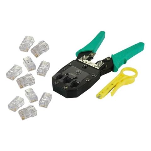 Modular Plug Crimper, Stripping & Cutting Tool including 10 RJ45 Plugs & Punch Down Tool Cover