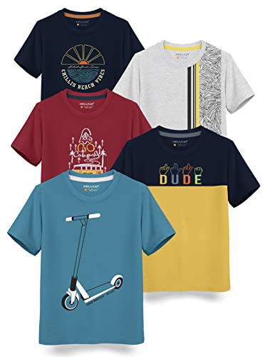 Image of HELLCAT Boys Round Neck Printed Blended Cotton Tshirt -Combo Pack of 2 - Orange /Blue