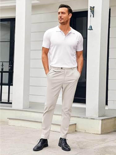 Image of Mens Chinos Slim Fit Pants Stretch Tapered Dress Pant Casual Trousers | Skinny Slacks, Flat Front Design, Stretch Cotton Fabric, Solid or Plaid, Work Dress Pants, Business Casual Wear