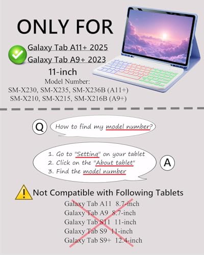 Image of Case with Keyboard for Samsung Galaxy Tab A11+ (Plus) 2025 | 7 Color Rainbow Backlight Detachable Keyboard with Mouse for Tablet A11+ SM-X230 X235 X236B, Blue-Purple