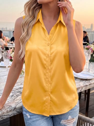 Image of Cicy Bell Womens Satin Sleeveless Button Down Shirts Work Blouse Silky Tops | V Neck, Collared Tank Tops, Professional, Office Clothes, Business Casual Outfits, Under Blazer Tops, Dress Down with Jeans