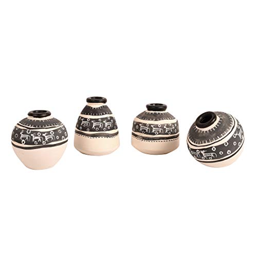 Image of AAKRITI ART CREATIONS Ladder Wall Decor 4 White Handcrafted Warli Pots | Wooden Wall Hanging Shelf Terracotta Vases | Matte Finish Decorative Wall Art for Living Room, Entryway & Gifting