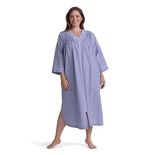 Image of Miss Elaine Long Seersucker Women's Robe, Pockets and Zipper with Front Embroidered Trim, Sleepwear & Loungewear