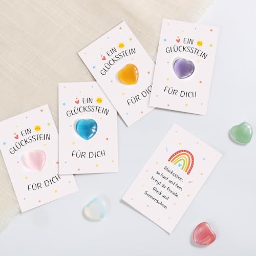 BOFUNX 12 Set Kinder Glücksstein, Bunte Herz Glückssteine + Regenbogen Grußkarten + Organzasäckchen, Kinder Geschenk Glücksbringer Mitgebsel für Geburtstag Party und Abschied