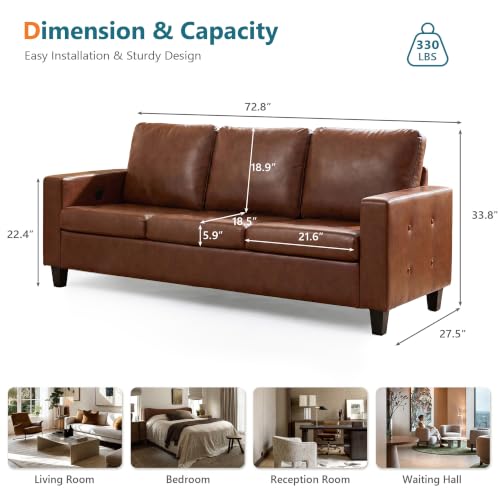Image of STHOUYN 73 inch Brown Faux Leather Couch, Comfy 3 Seater Sofa