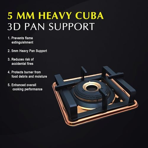 Image of Unicook Coral Cuba 4 Burner Gas Stove | Manual Ignition | 6mm Glass | Brass Burners | ISI Certified | Rose Gold Frame | 3 Years Warranty on Glass & Burners + 2 Year Comprehensive Warranty