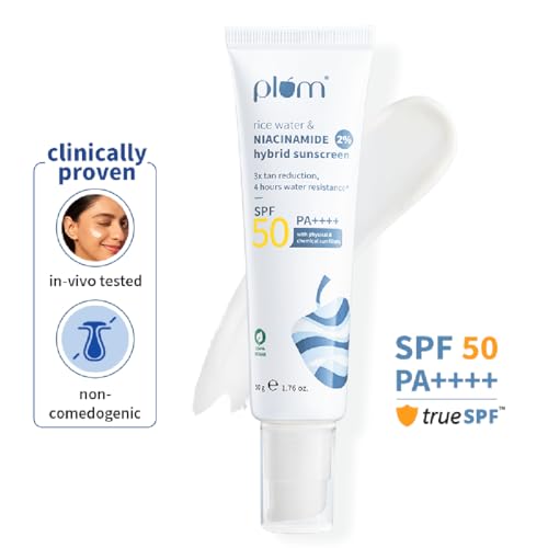Plum 2% Niacinamide & Rice Water Sunscreen SPF 50 PA+++ | for Oily, Dry & Combination Skin | UVA/UVB Protection | Reduces Tan & Brightens Skin | No White Cast & Non-Sticky | for Women & Men | 50g