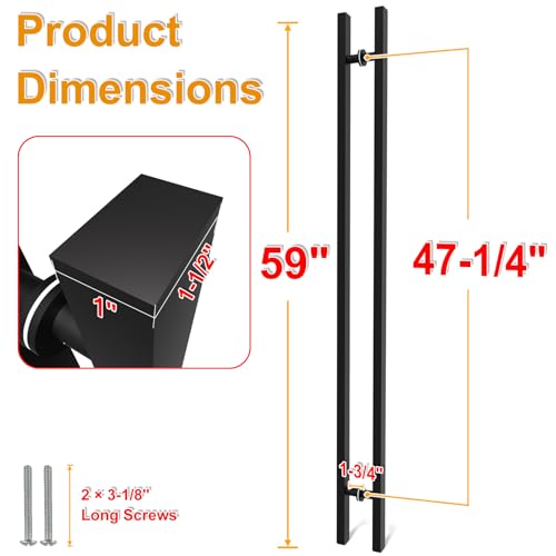 Image of 59 inch Matte Black Square Barn Door Pull Handle Double Sided | Heavy Duty 304 Stainless Steel, 47-1 /4 inch Hole Spacing, Fits 3 /4 inch-2 inch Thick Barn, Front Entry, Sliding & Exterior Doors