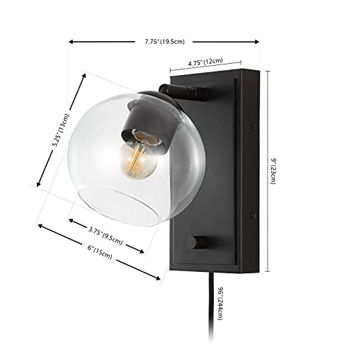 Image of JONATHAN Y 6 inch Oil Rubbed Bronze 1-Light Modern Wall Sconce, Plug-in or Hardwired LED Adjustable Wall Light with Dimmer Switch, Clear Glass Globe Shade, Mid-Century Lamp JYL7567A