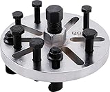 riemenscheiben abzieher Lieferumfang: Abzieherplatte mit 8 Langlöchern zur Aufnahme der Abzieharme und Abziehbolzen | Abziehspindel 17 mm, mit frei drehender Zentrierspitze, Antrieb 19 mm Sechskant | 3 Abzieharme, Länge 33 mm | 3 Abziehbolzen M8, Länge 50 mm | 3 Abziehbolzen M10, Länge 50 mm