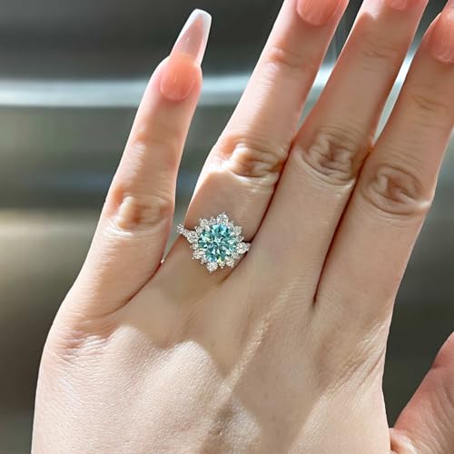 2.0ct Cyan Blue Moissanite Engagement Ring for Women,Round Cut Halo Flower Design Promise Ring in 925 Sterling Silver4