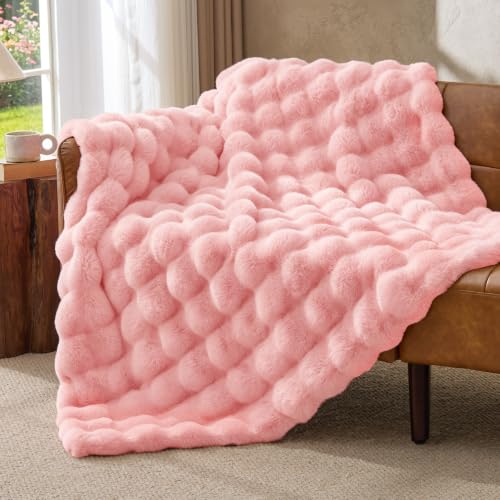 Image of BEDELITE Faux Fur Throw Bubble Blanket for Couch, 50 inch x 60 inch, Light Pink