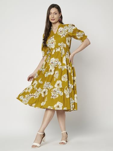 Image of PIDAVLIYA'S Women's Floral Summer Maxi Dress I Cotton Printed I One Piece Bodycon Midi Dress with V-Neck, Puffed Sleeves