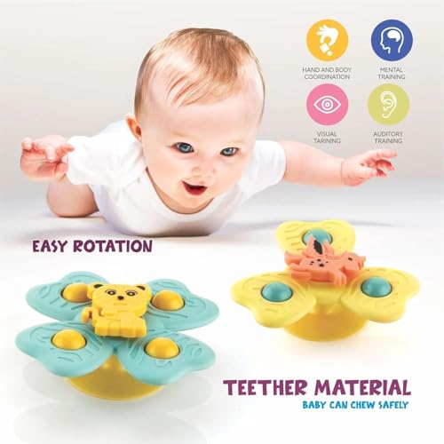 Image of Niku Bath Toys Suction Cup Spinner Toy for Baby Boys Girls | Set of 3 | Waterproof Suction Cup Spinning Top | ABS Plastic | Non Toxic BPA Free | Rotating Learning Toy