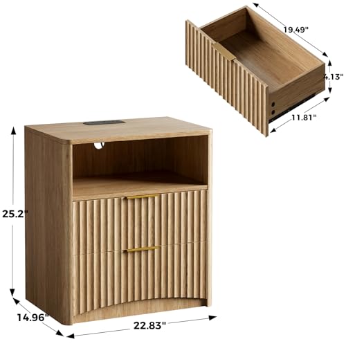 Image of Evermagin Fluted Nightstand Set of 2 with Charging Station, Natural Oak Bedside Table with 2 Drawers, Wood End Table with Storage Mid Century Modern, Large Night Stand for Bedroom