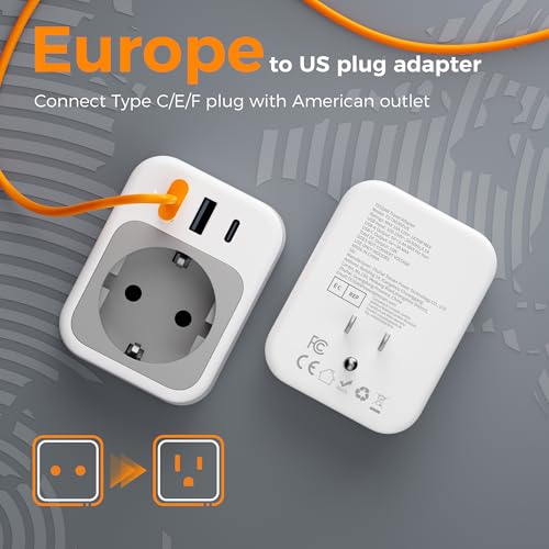 TESSAN EU to US Plug Adapter, European Travel Adaptor with 1 AC Outlet and 3 USB Ports(1 USB C), Most of Europe Germany France Korea Greece Type C/E/F Plugs to US Power Adapter3