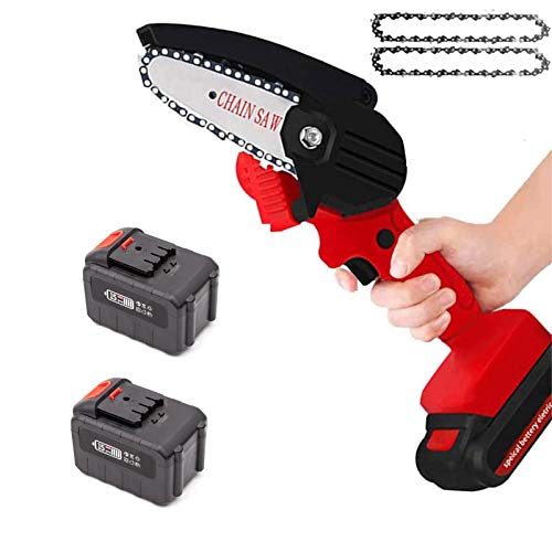 Mini Motosierra Eléctrica de Mano de 4 Pulgadas Inalámbrica, 24V con 2 Baterías y 1 Cargador y 2 Cadenas,Mini Motosierras PortáTiles para Corte de Madera y Metal