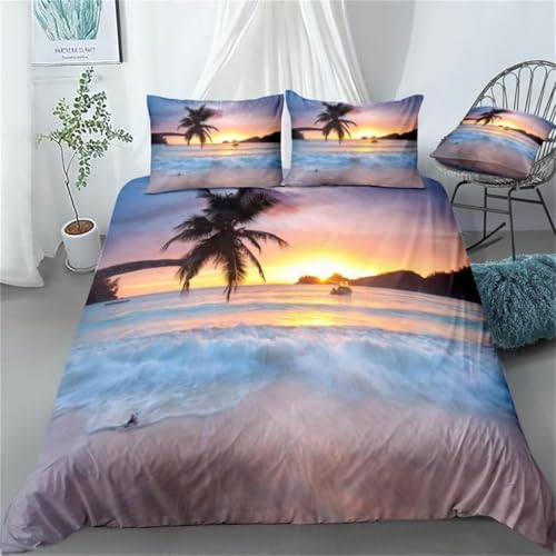 Housse de Couette 140x200 Plage Parure de Lit 1 Personne Thème Coucher de Soleil Imprimée 3D Microfibre Douce Palmier Housse Couette Réversible avec 1 Taie...