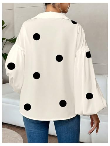 WDIRARA Women's Polka Dots Long Lantern Sleeve Blouse Collared V Neck Top Shirts White Small