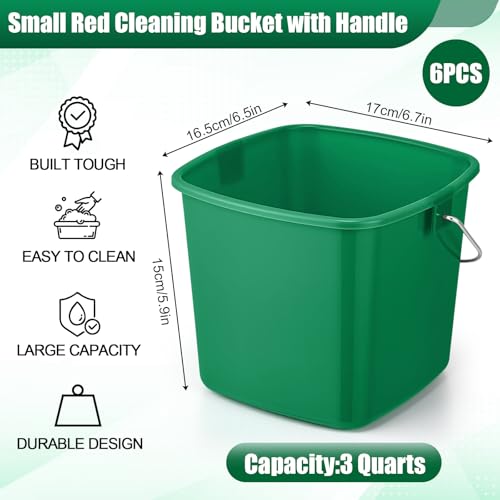Image of Zhehao 6 Pcs 3 Quart Bucket for Cleaning Small Sanitizer Bucket for Restaurant Square Plastic Pail with Handles for Home, Offices, Commercial Use, Food Service (Red,Green)