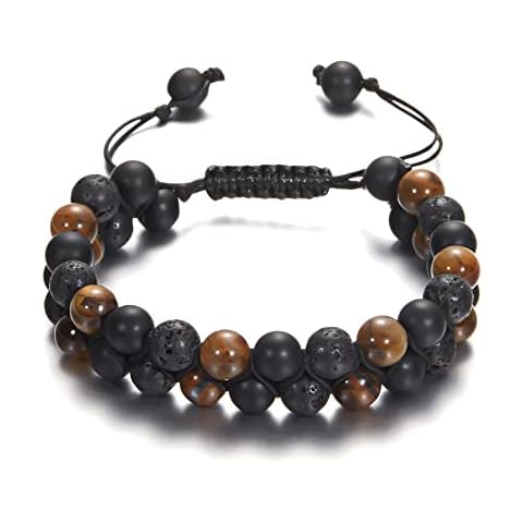 beemean Triple Protection Bracelet Natural Tiger Eye Black Agate Hematite Bracelet for Men 8mm Healing Crystal Obsidian Handmade Bead Bracelet Bring Luck and Prosperity and Happiness Cover