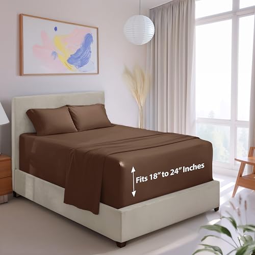 Image of Hearth & Harbor Extra Deep Pocket 4-Piece Bed Sheets Set - Super Deep Fitted Sheet 18-24 inces Depth, Fits High Profile Mattresses with Toppers, California King, Chocolate Brown | 4 Piece Bed Sheet Set, Ultra Soft & Breathable, Fits Up to 24 inch Mattress, Hotel Luxury