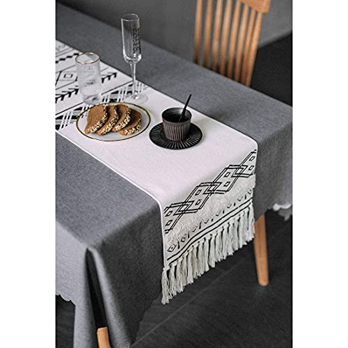 Chemin de table coton lin anti-rayure nappe avec pompon pour protéger meuble TV et table - 5