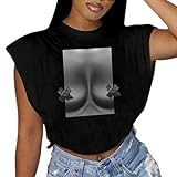 sedmoda Women Sexy Crop Top Graphic Tees Sleeveless Hollow Sides Tie Up Loose Fit Summer T Shirts Black