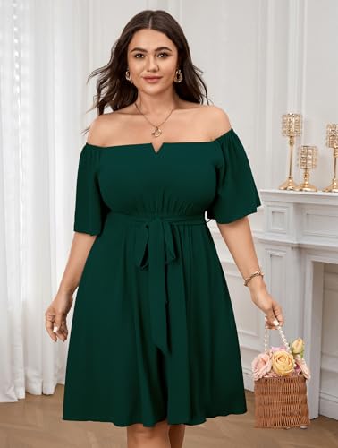 Image of SCOMCHIC Womens Plus Size Cocktail Dress Summer Off Shoulder Short Sleeve Flowy Ruffle A-Line Cute Mini Dress with Belt