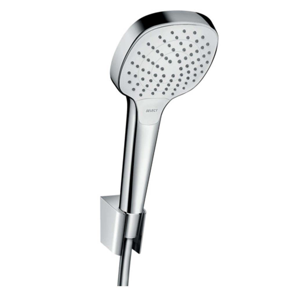 hansgrohe Croma Select E Duschkopf inkl. Duschkopfhalterung, 3 Strahlarten, Weiß/Chrom, Set mit Brauseschlauch 1,60m
