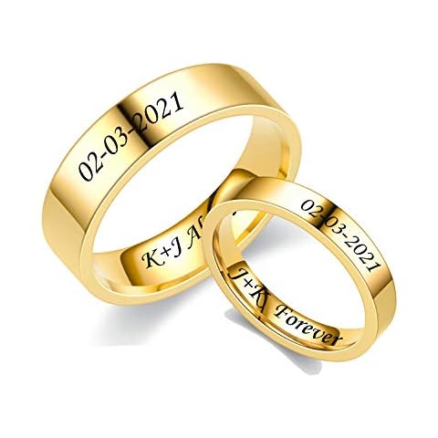 MZZJ Couple Matching Ring Set Personalized Engraving 6MM&4MM High Polish Minimalist Classical Stainless Steel Initial Flat Wedding Band Ring Set, Gold Plated, (MZ-DC64MMG-2P) Cover