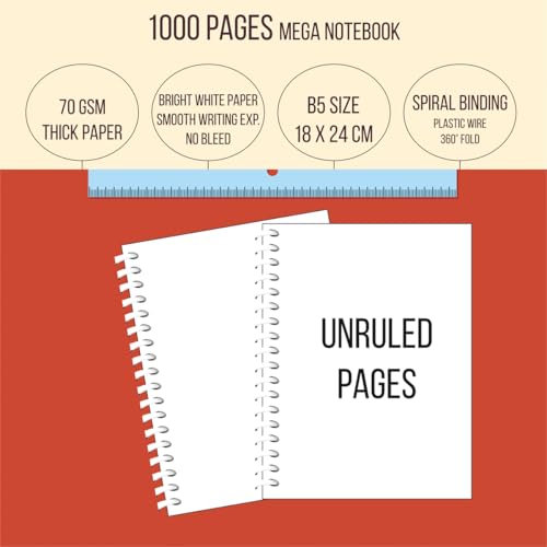 Image of amblitz Mega Spiral Notebook | 18 X 24 CM | B5 Size | School /College Students's Choice for Note Making | 70 GSM Thick White Paper | Diary Size | Personal & Office Use | (1000 Pages, UNRULED Notebook)