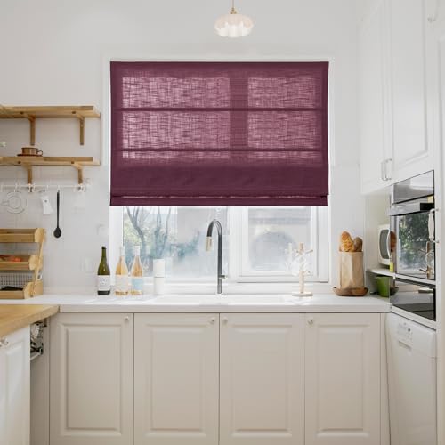 Image of TWOPAGES Liz No Drill Cordless Roman Shades Linen Textured Roman Blinds for Windows, Custom Made Room Darkening Blackout Roman Window Shades, Hardware Included, Burgundy Red, 1 Piece