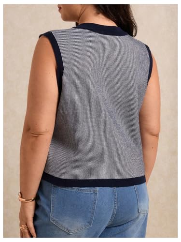 Verdusa Women's Plus Size Striped Button Down Sweater Vest Sleeveless Crew Neck Knit Tank Top2