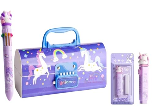 Image of WORSHIPER New Cartoon Theme Pencil Box with Push Pull Eraser Set for Kids | Suitcase Style Password Lock Stationery Organizer | School Supplies Gift Combo for Boys & Girls (Blue Unicorn + Eraser)