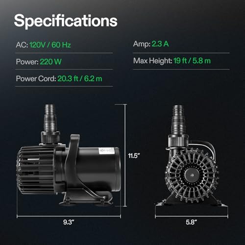 VIVOSUN 4500GPH Submersible Water Pump 220W Ultra Quiet Pump with 20.3ft Power Cord High Lift for Pond Waterfall Fish Tank Statuary Hydroponic