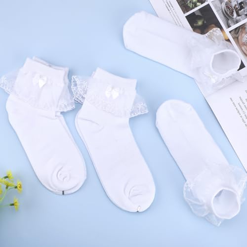 3 Pairs Girls Lace Socks, Cotton Bow White Ruffle Socks Toddler, Thin Short Lace Trim Frilly Dress Ankle Sock4