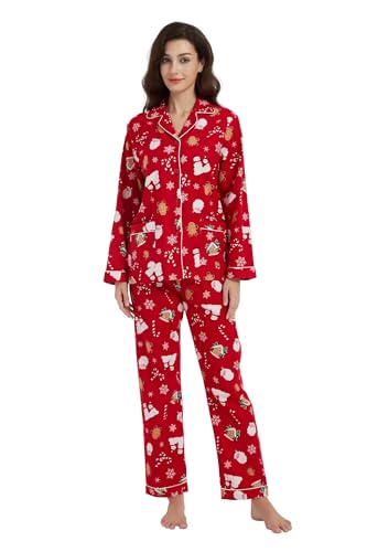 GLOBAL Pigiama Donna Flanella Cotone Maniche Lunghe Due Pezzi Camicie da Notte Pjs Confortevole Sleepwear Caldo Biscotto di Natale Pan di Zenzero Uomini XXL