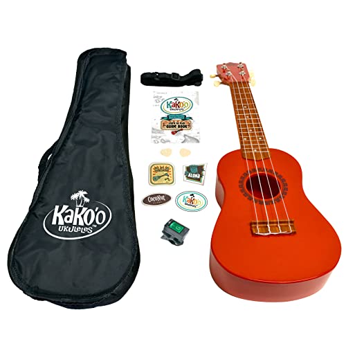 KaKo'o Music Sunset Red Award受賞ソプラノウクレレ ? メタルギアチューナーとプレミアムナイロン弦 ? ガイドブック簡単コード学習 ? キャリーケース&ウクレレ演奏ストラップ (サンセットレッド)