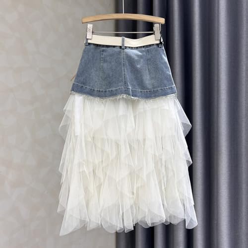 Women's Mesh Tulle Denim Skirt A-Line Beaded Patchwork Casual Jean Medium Long Skirt with Belt3