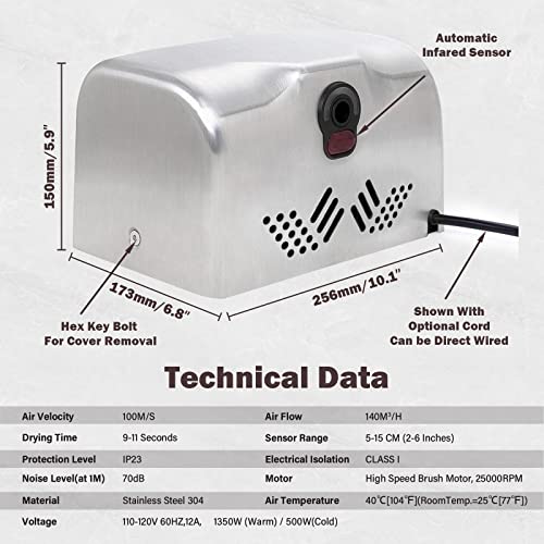 Asialeo Commercial Hand Dryer For Bathroom 1350W Speed&Sound,Hot/Cold Adjustable Stainless Steel Cover,Wall Mounted #TOP4
